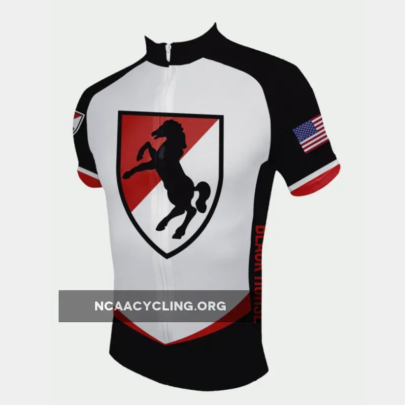 US Army 11th Armored Cavalry Regiment Cycling Jersey with Black Horse Design White Red Black